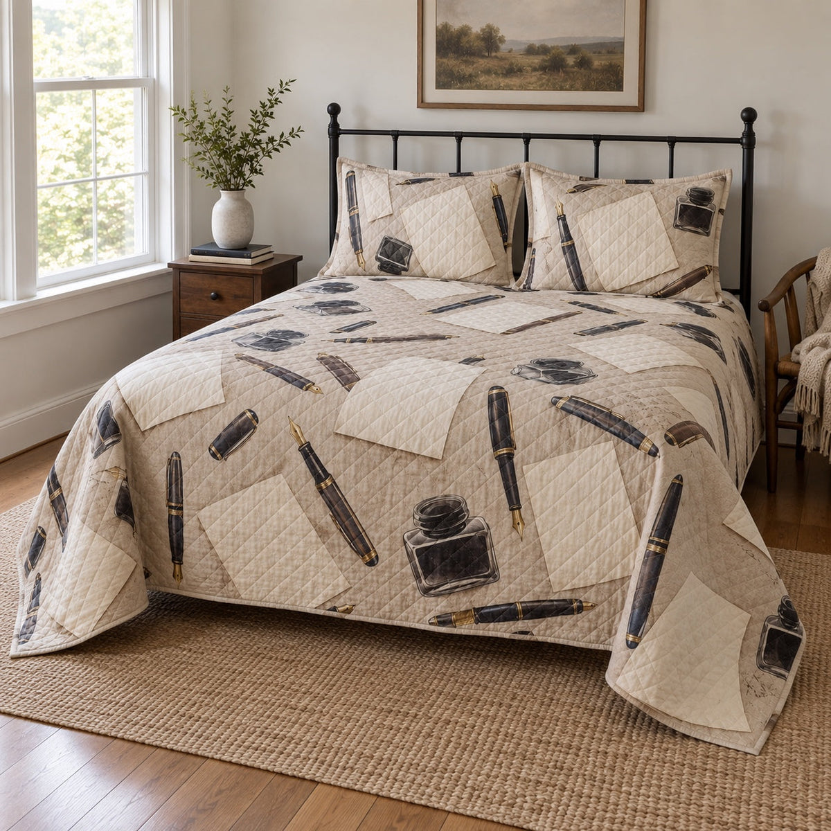 Ink and Linen Journaling Quilt Set, angled journaling bedroom view