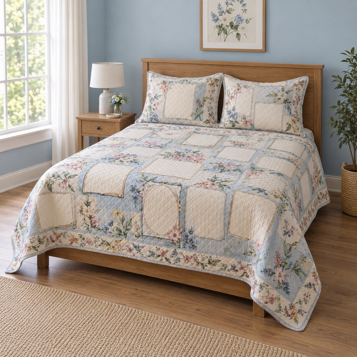 Memory Garden Journaling Quilt Set, angled journaling bedroom view