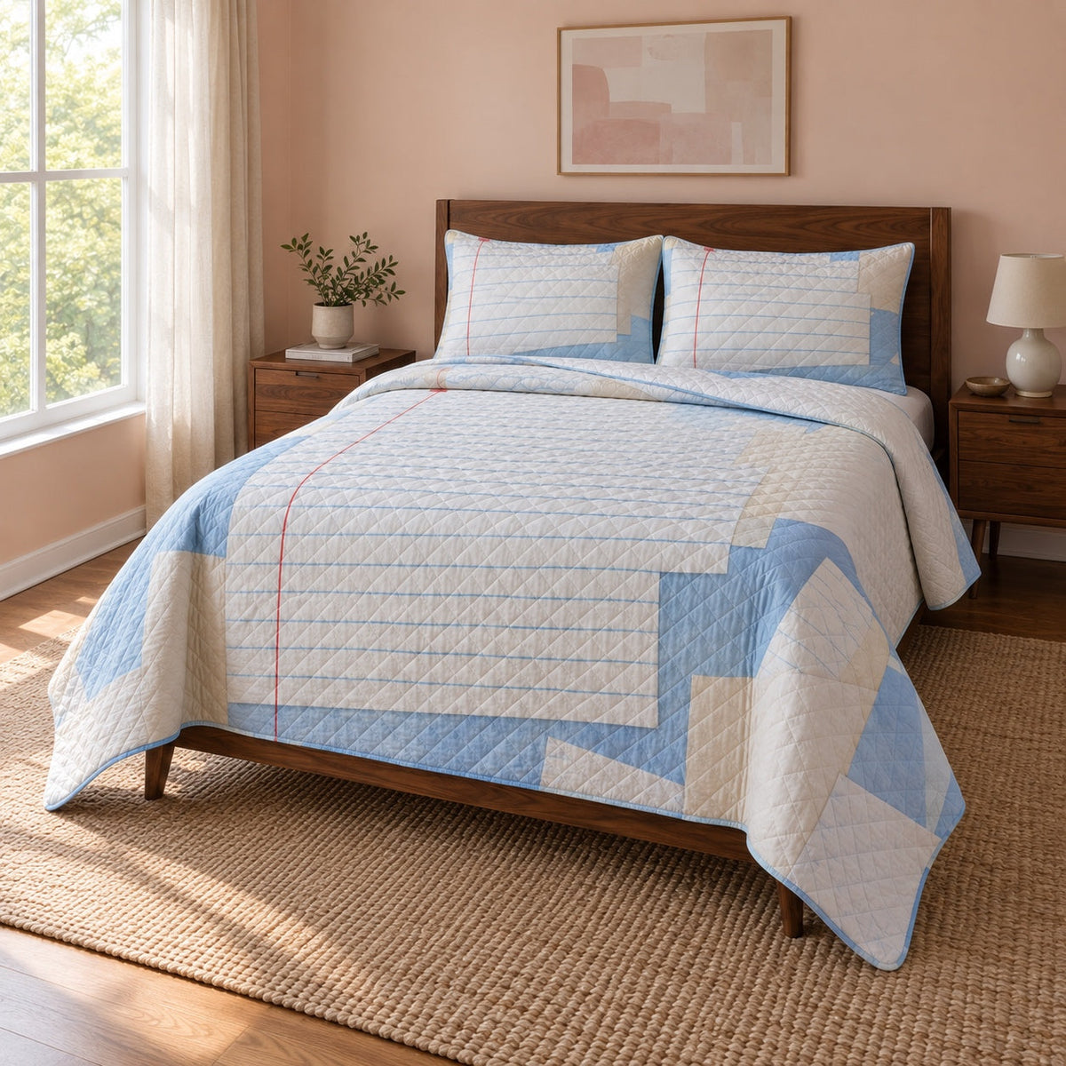 Blue Margins Journaling Quilt Set, angled journaling bedroom view