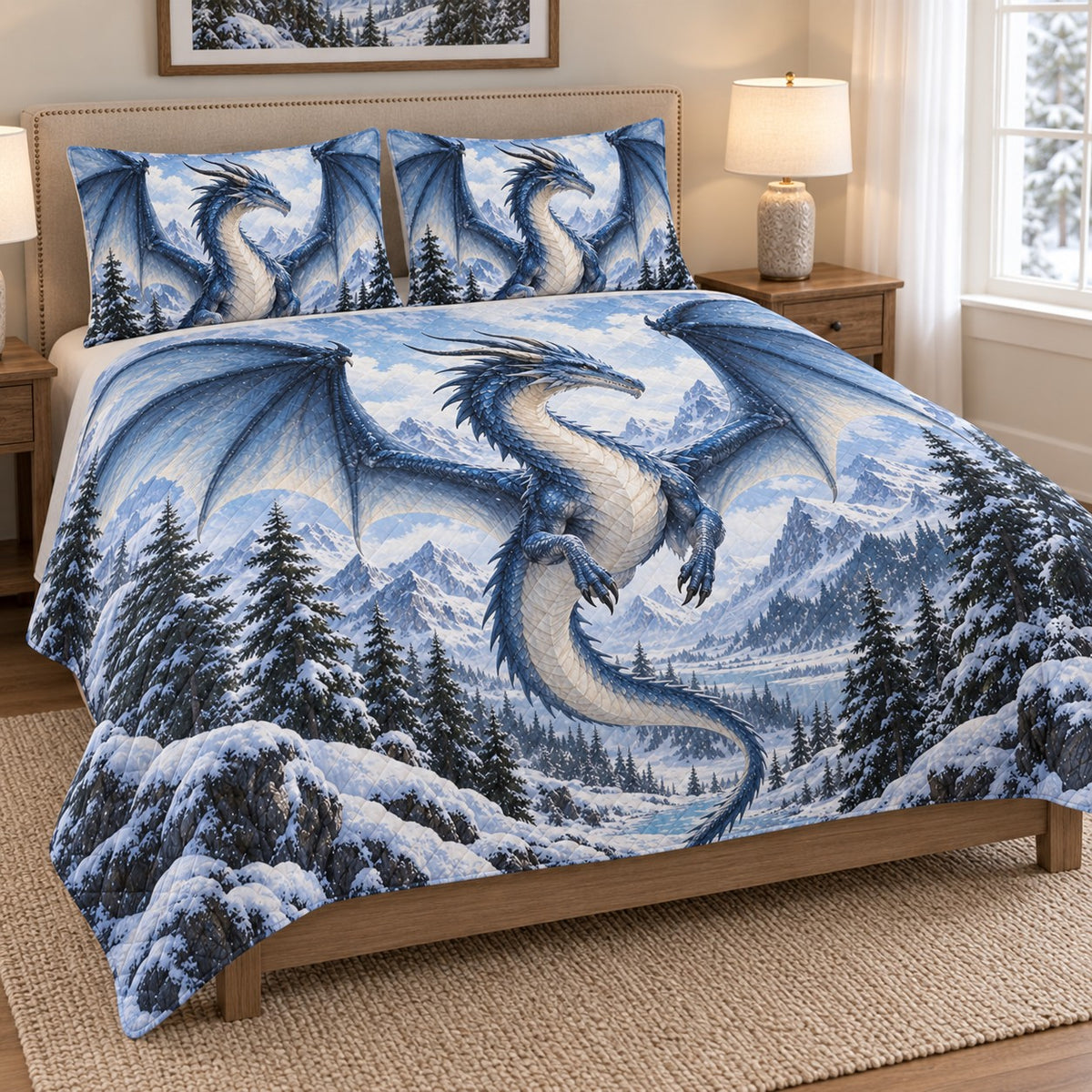 Ice Dragon Snowy Mountain Quilt Set: angled bedroom view showing the quilt artwork and coordinating shams
