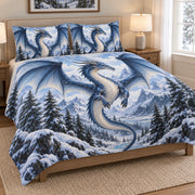 Ice Dragon Snowy Mountain Quilt Set: angled bedroom view showing the quilt artwork and coordinating shams