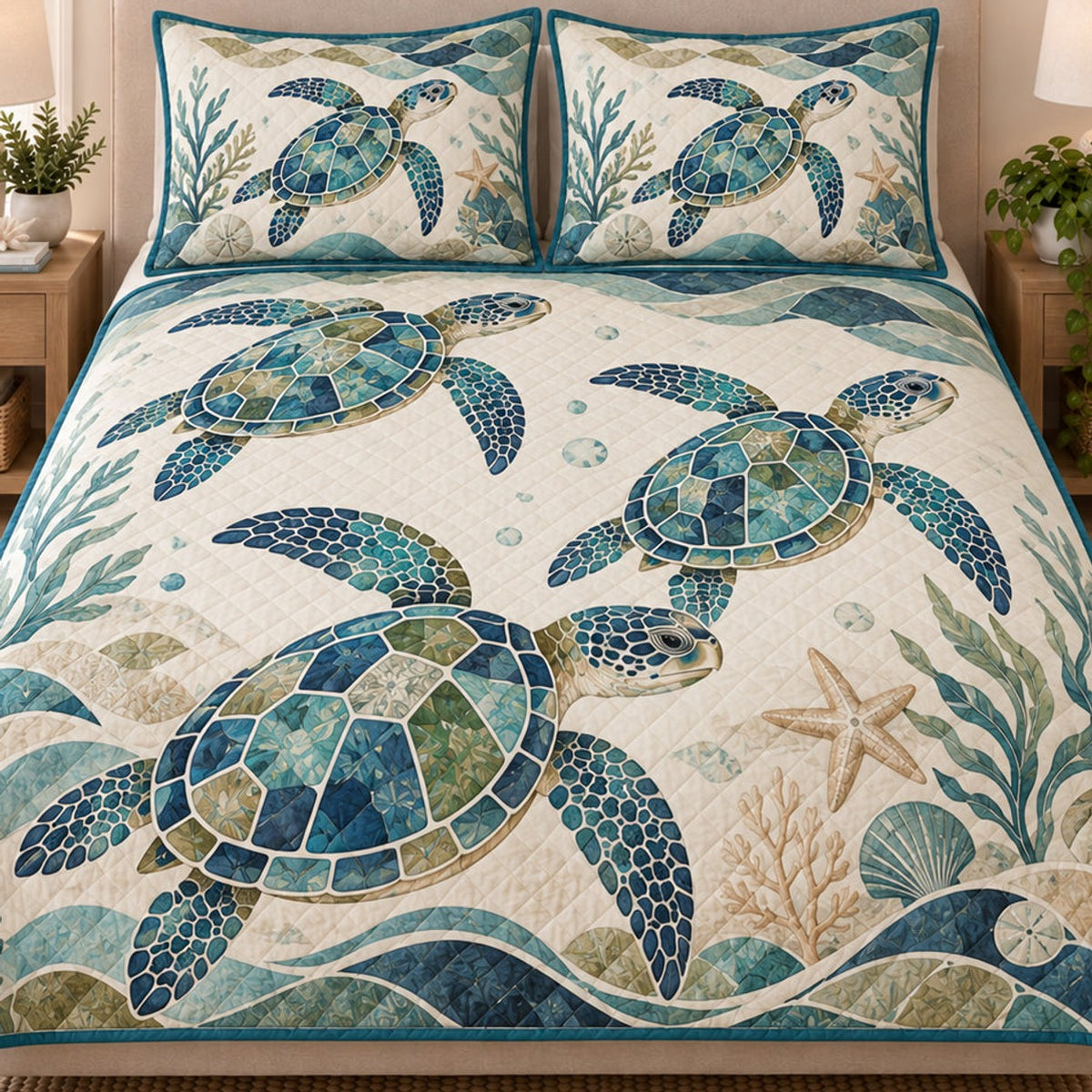 Close view of the Sea Turtle Coastal Wave quilt artwork and two matching shams
