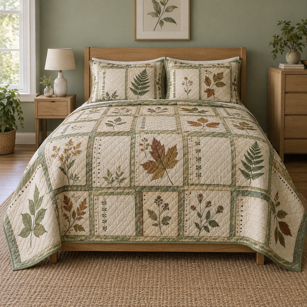 Pressed Leaves Journaling Quilt Set, front journaling bedroom view