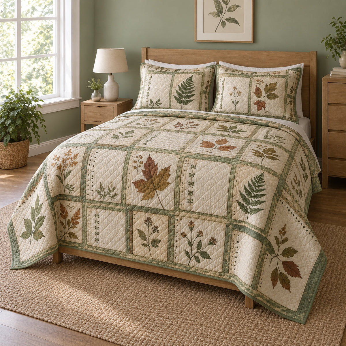 Pressed Leaves Journaling Quilt Set, angled journaling bedroom view