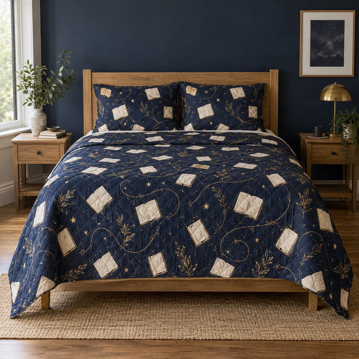 Midnight Journal Journaling Quilt Set, front journaling bedroom view