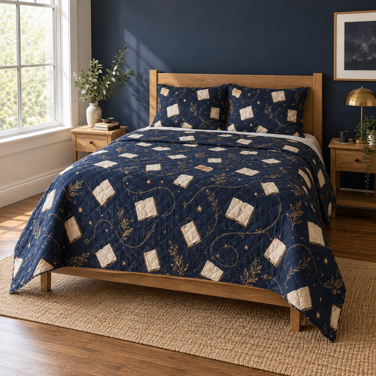 Midnight Journal Journaling Quilt Set, angled journaling bedroom view