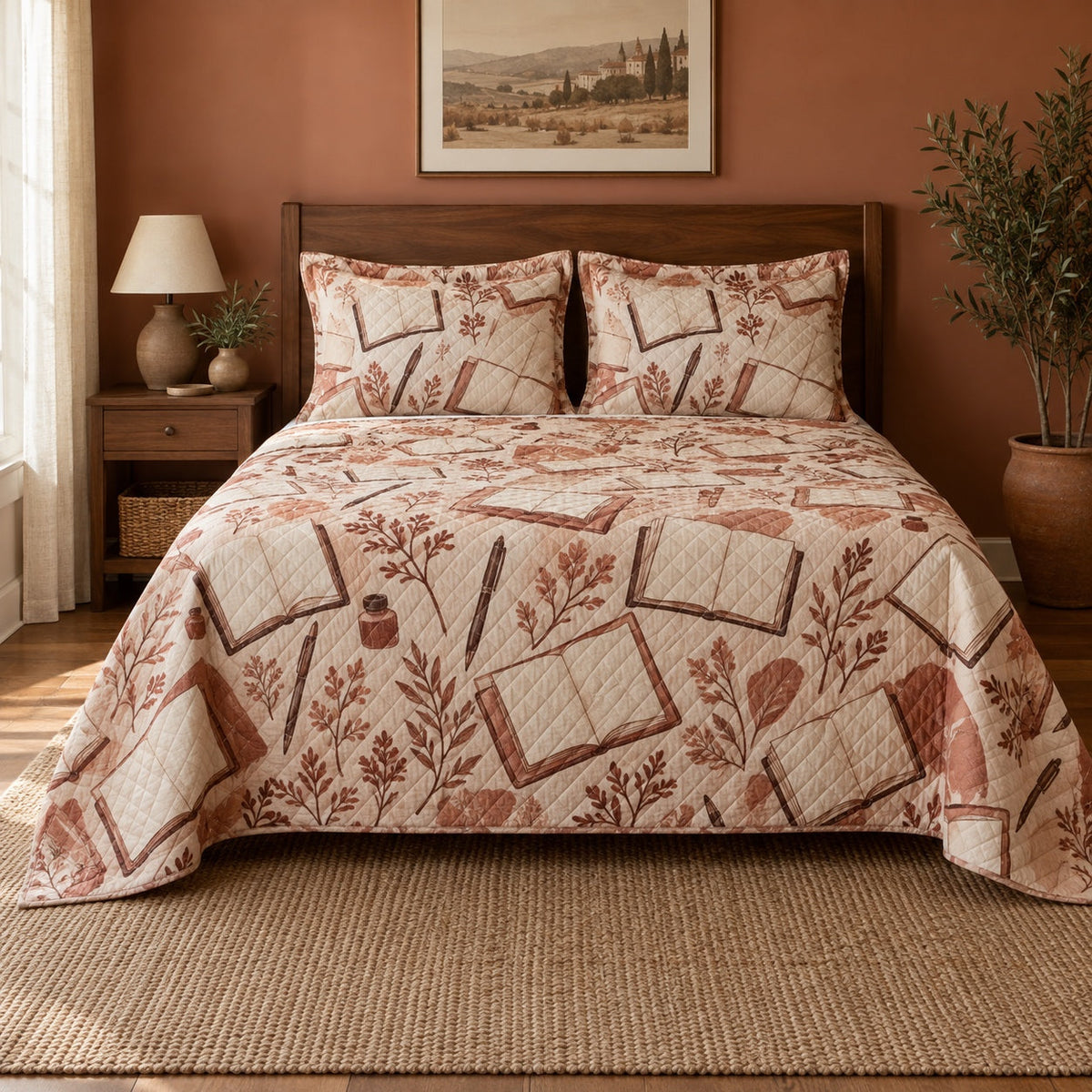 Terracotta Pages Journaling Quilt Set, front journaling bedroom view