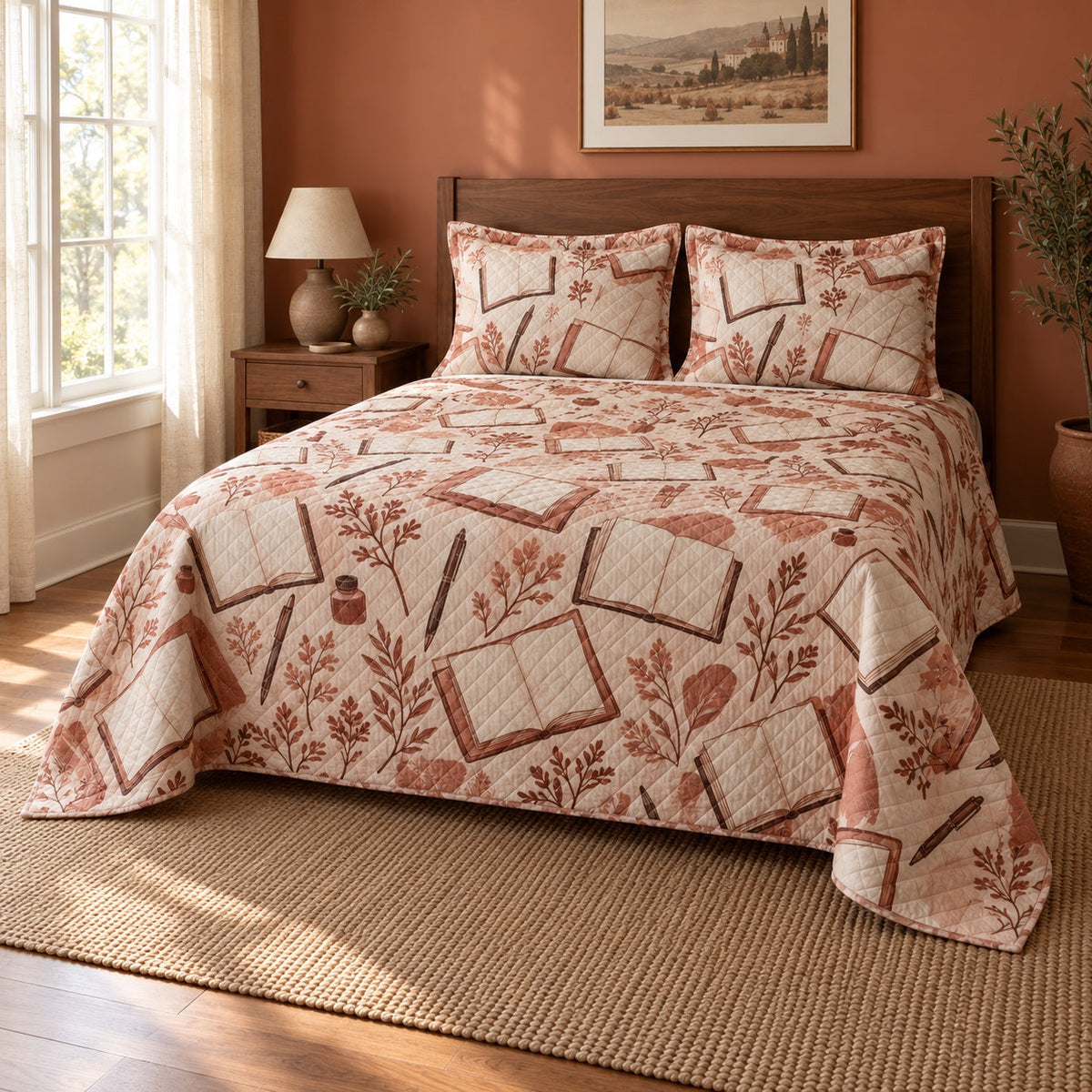 Terracotta Pages Journaling Quilt Set, angled journaling bedroom view