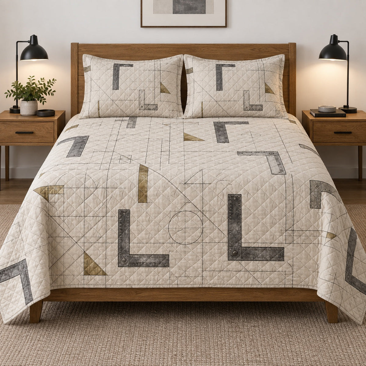 Marking Square Carpenter Quilt Set, front carpenter bedroom view