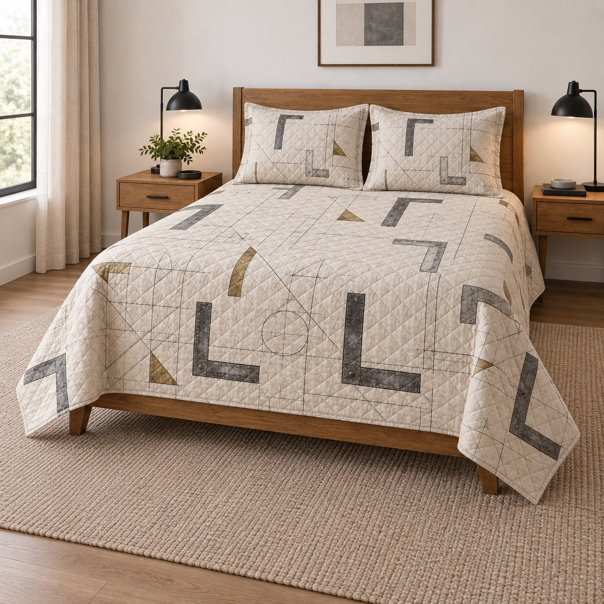 Marking Square Carpenter Quilt Set, angled carpenter bedroom view