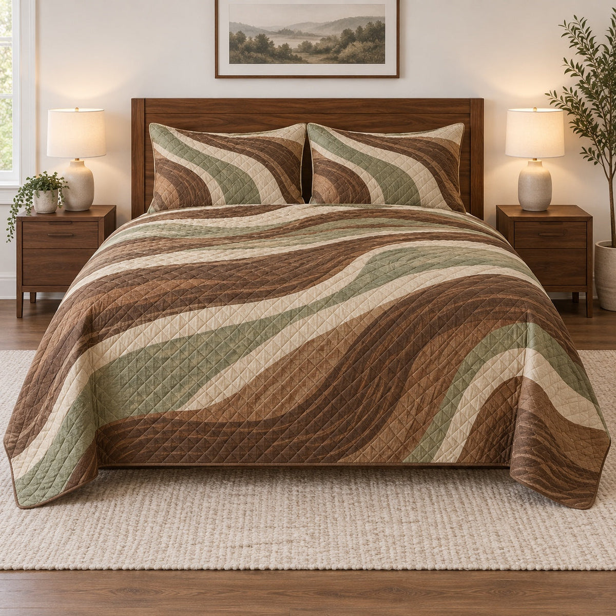 Walnut Grain Carpenter Quilt Set, front carpenter bedroom view