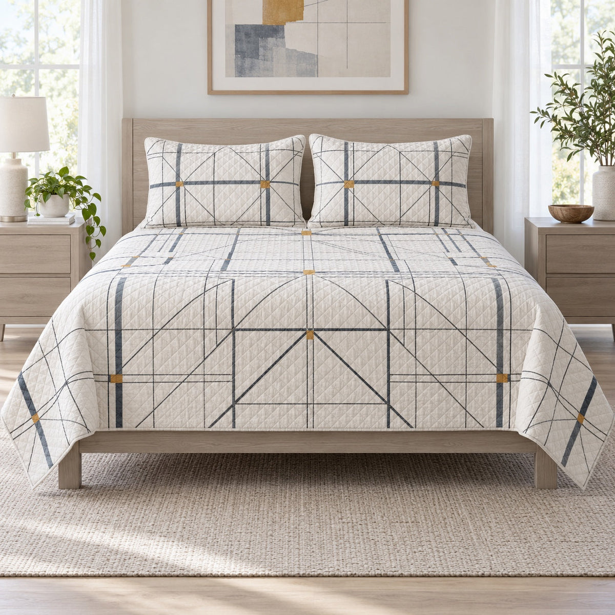 Framing Lines Carpenter Quilt Set, front carpenter bedroom view