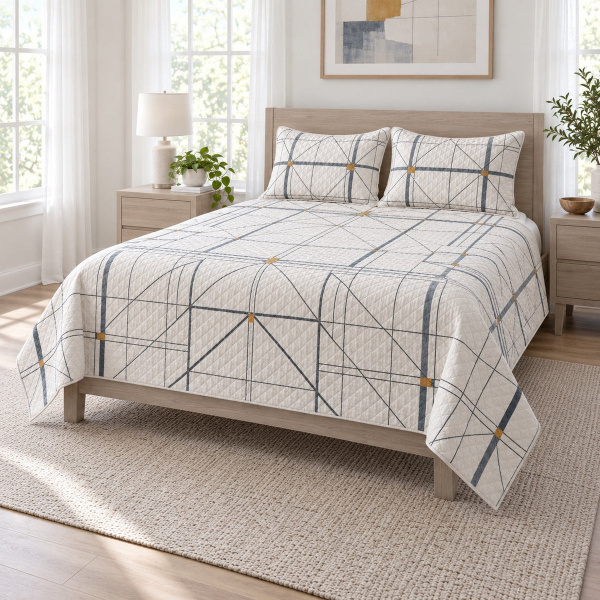 Framing Lines Carpenter Quilt Set, angled carpenter bedroom view