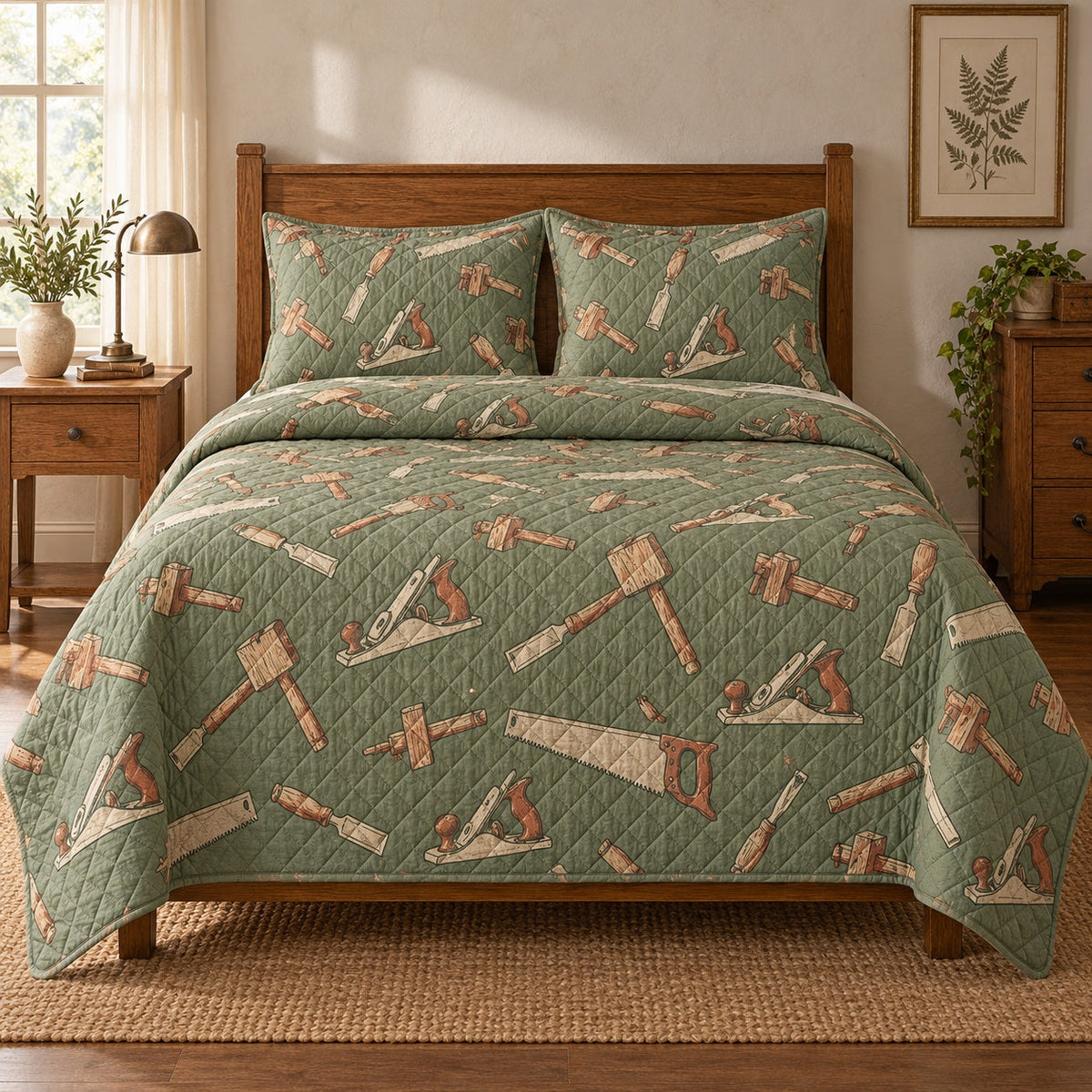 Hand Tool Study Carpenter Quilt Set, front carpenter bedroom view