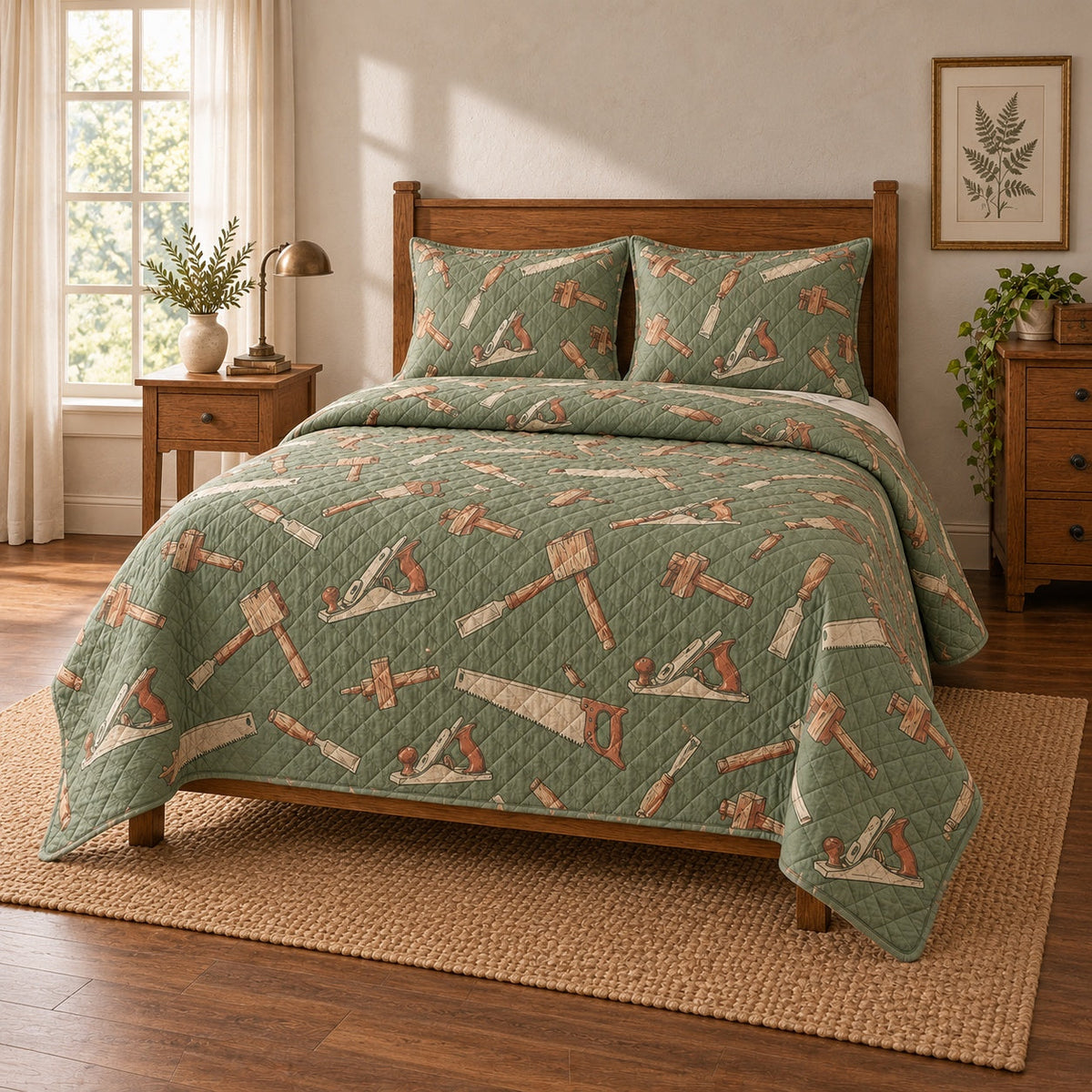 Hand Tool Study Carpenter Quilt Set, angled carpenter bedroom view