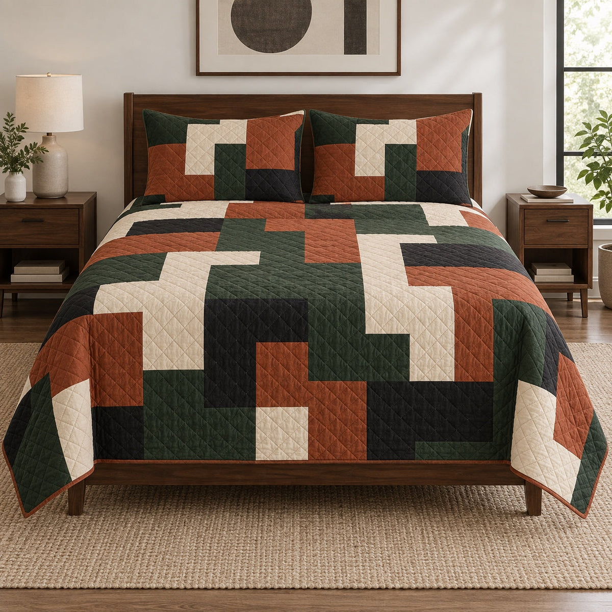 Joinery Blocks Carpenter Quilt Set, front carpenter bedroom view