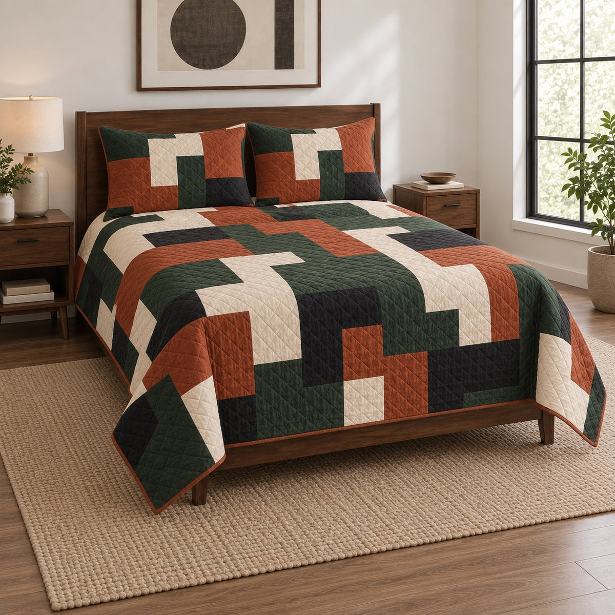 Joinery Blocks Carpenter Quilt Set, angled carpenter bedroom view