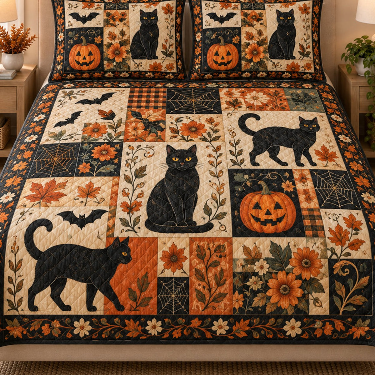 Close view of the Halloween Black Cat quilt artwork and two matching shams
