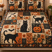 Close view of the Halloween Black Cat quilt artwork and two matching shams