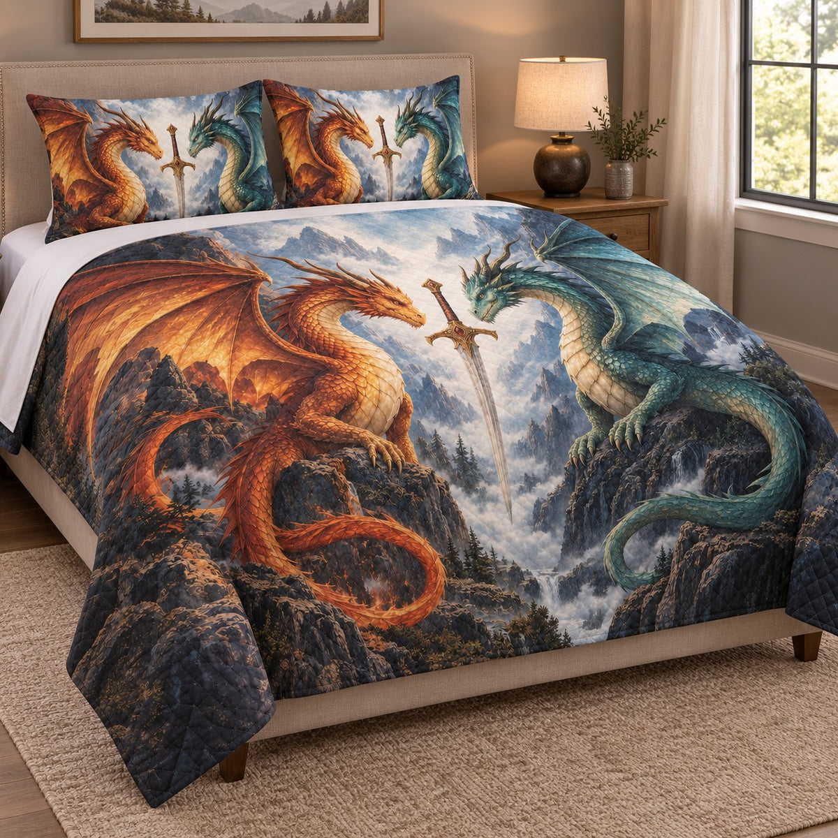 Twin Dragon Sword Mountain Quilt Set: angled bedroom view showing the quilt artwork and coordinating shams