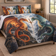 Twin Dragon Sword Mountain Quilt Set: angled bedroom view showing the quilt artwork and coordinating shams