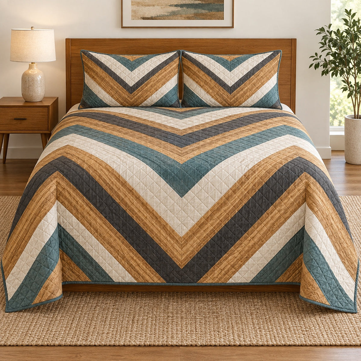 Oak Chevron Carpenter Quilt Set, front carpenter bedroom view
