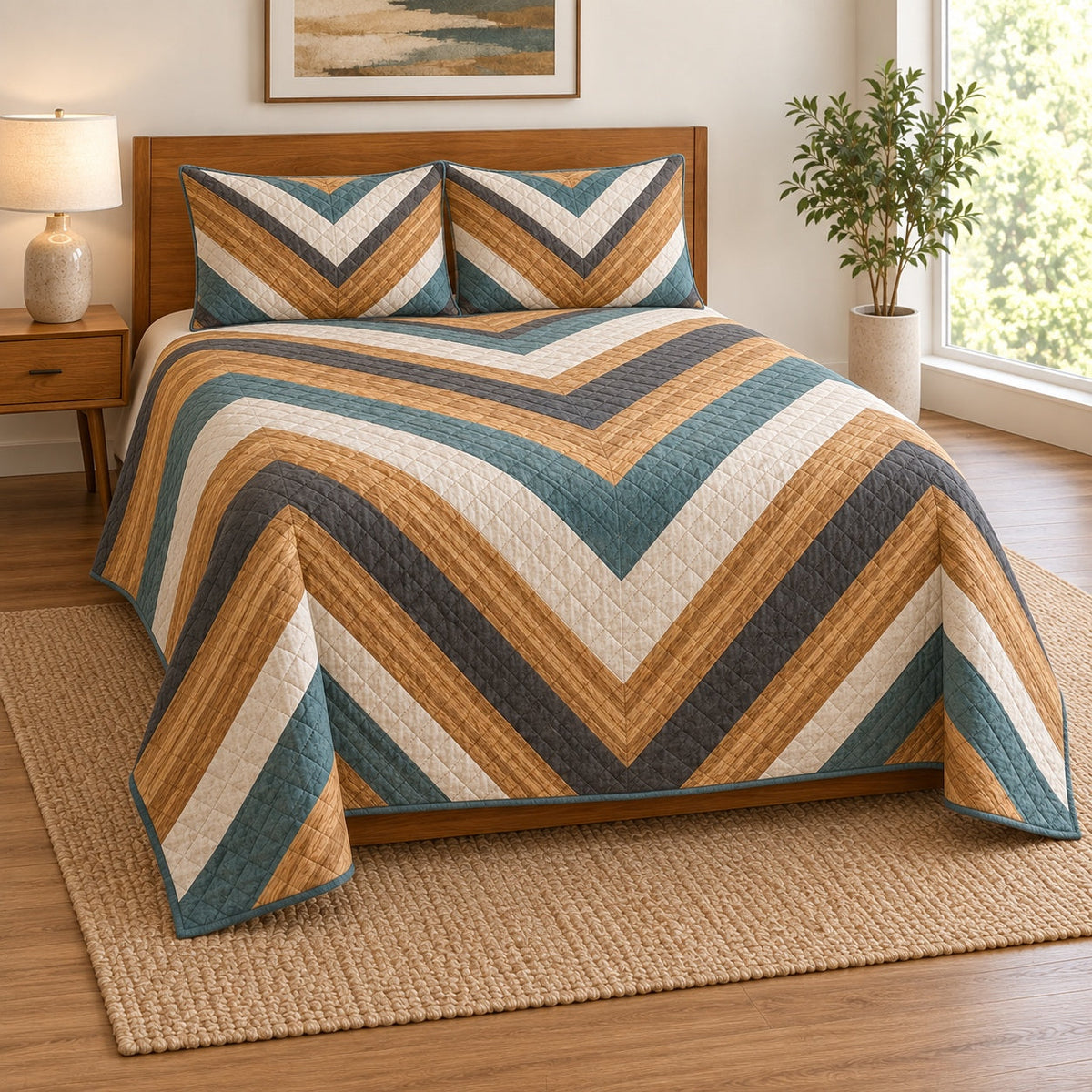 Oak Chevron Carpenter Quilt Set, angled carpenter bedroom view