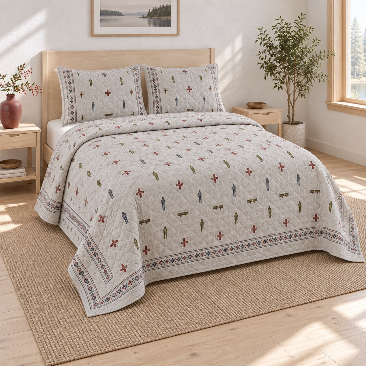 Timber Peg Carpenter Quilt Set, angled carpenter bedroom view