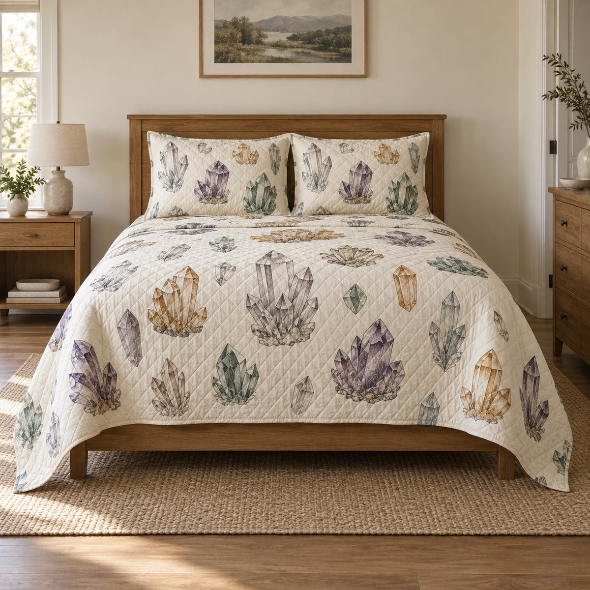 Quartz Cabinet Mineral Collecting Quilt Set, front mineral collecting bedroom view