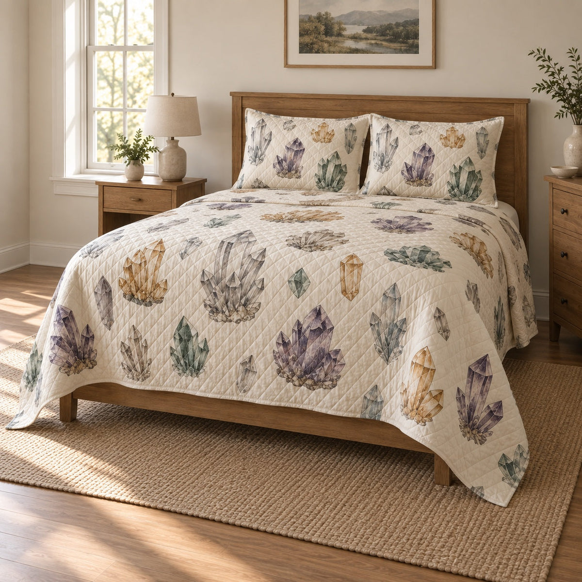 Quartz Cabinet Mineral Collecting Quilt Set, angled mineral collecting bedroom view
