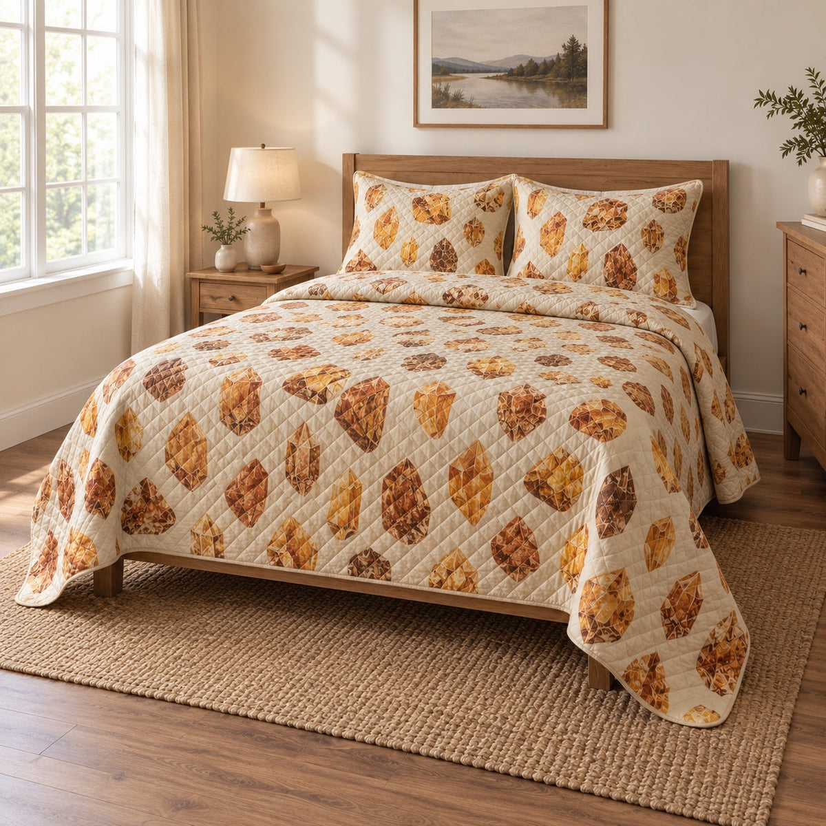 Amber Stones Mineral Collecting Quilt Set, angled mineral collecting bedroom view