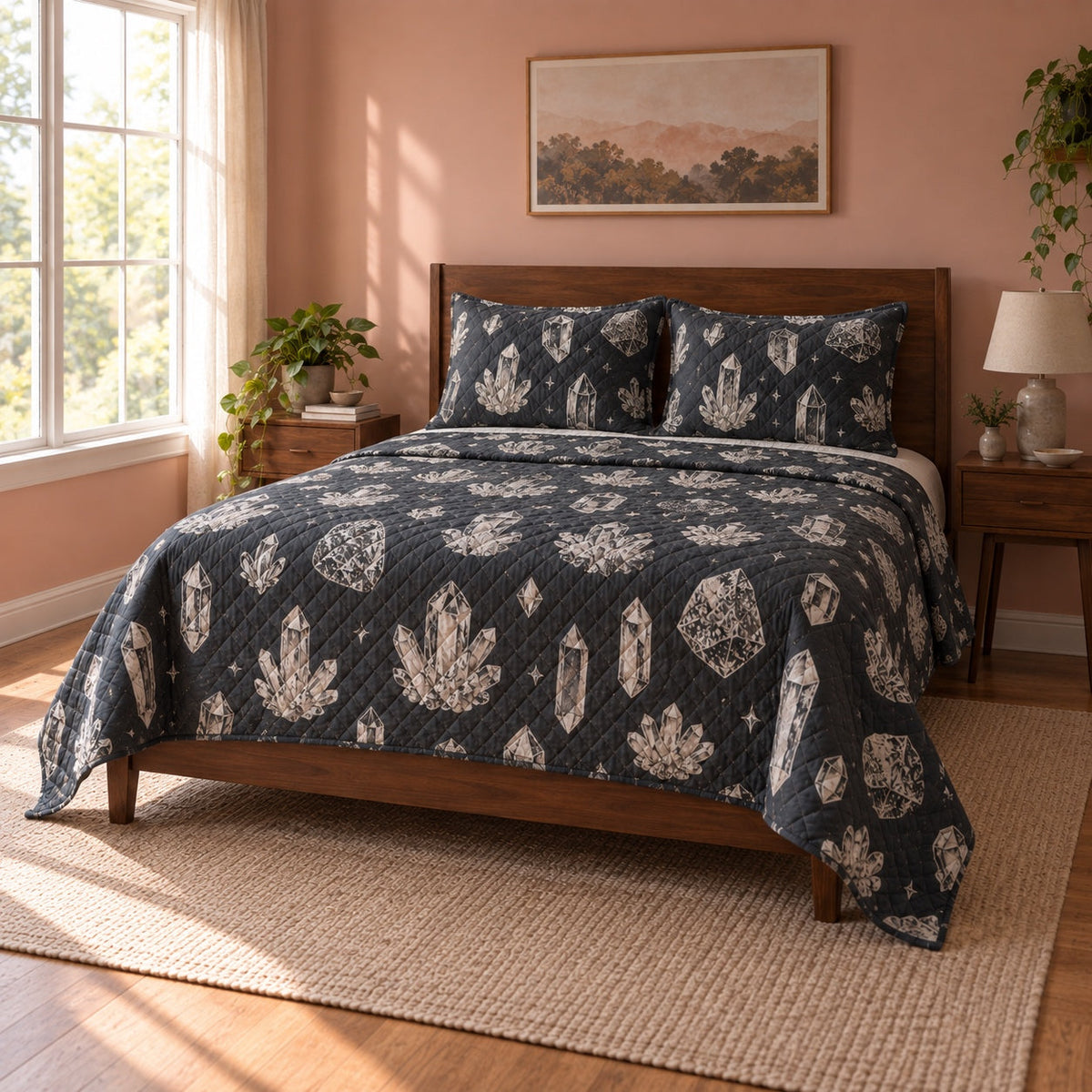 Slate Crystals Mineral Collecting Quilt Set, angled mineral collecting bedroom view