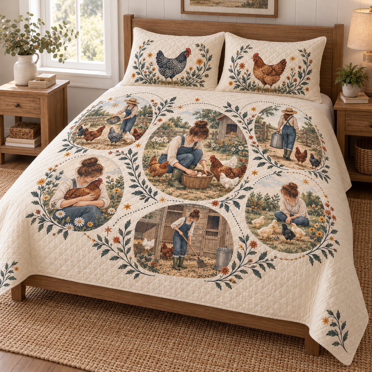 Chicken Keeper Daily Life Storyboard Quilt Set, angled Hen bedroom view