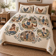 Chicken Keeper Daily Life Storyboard Quilt Set, angled Hen bedroom view
