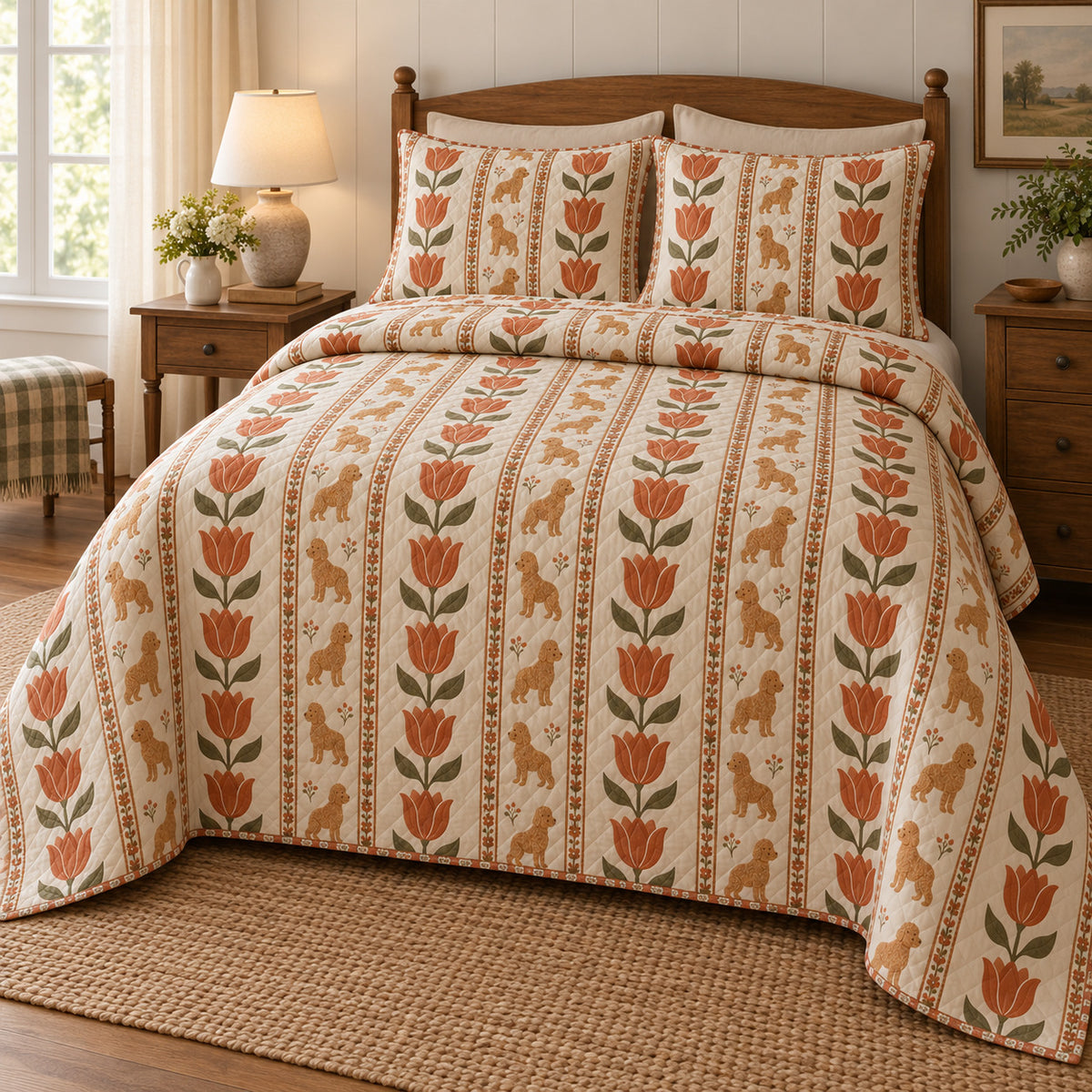 Vertical copper tulip bands alternate with narrow columns of small goldendoodle silhouettes on cream on a quilt set with two matching shams, angled view.