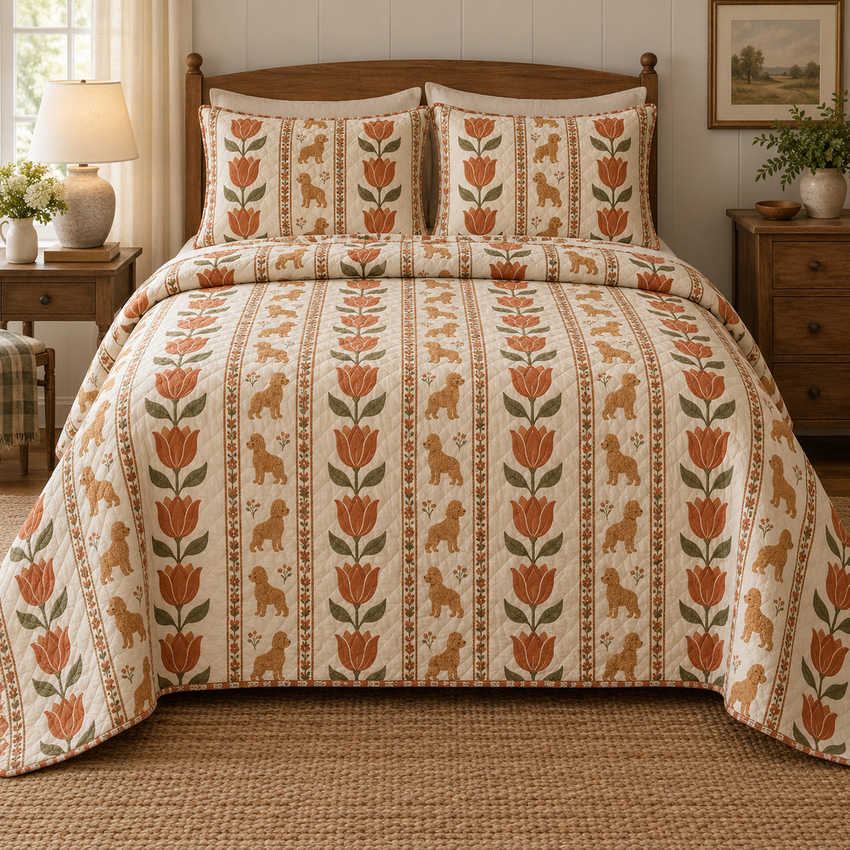 Copper Tulip Stripe Goldendoodle Quilt Set