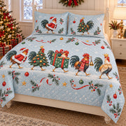Christmas Rooster Costume Parade Quilt Set, angled rooster bedroom view
