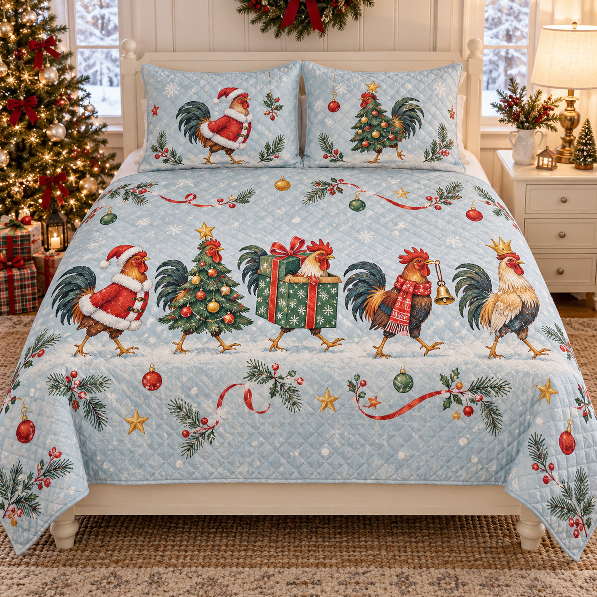 Christmas Rooster Costume Parade Quilt Set, front rooster bedroom view