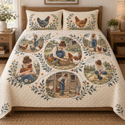 Chicken Keeper Daily Life Storyboard Quilt Set, front Hen bedroom view