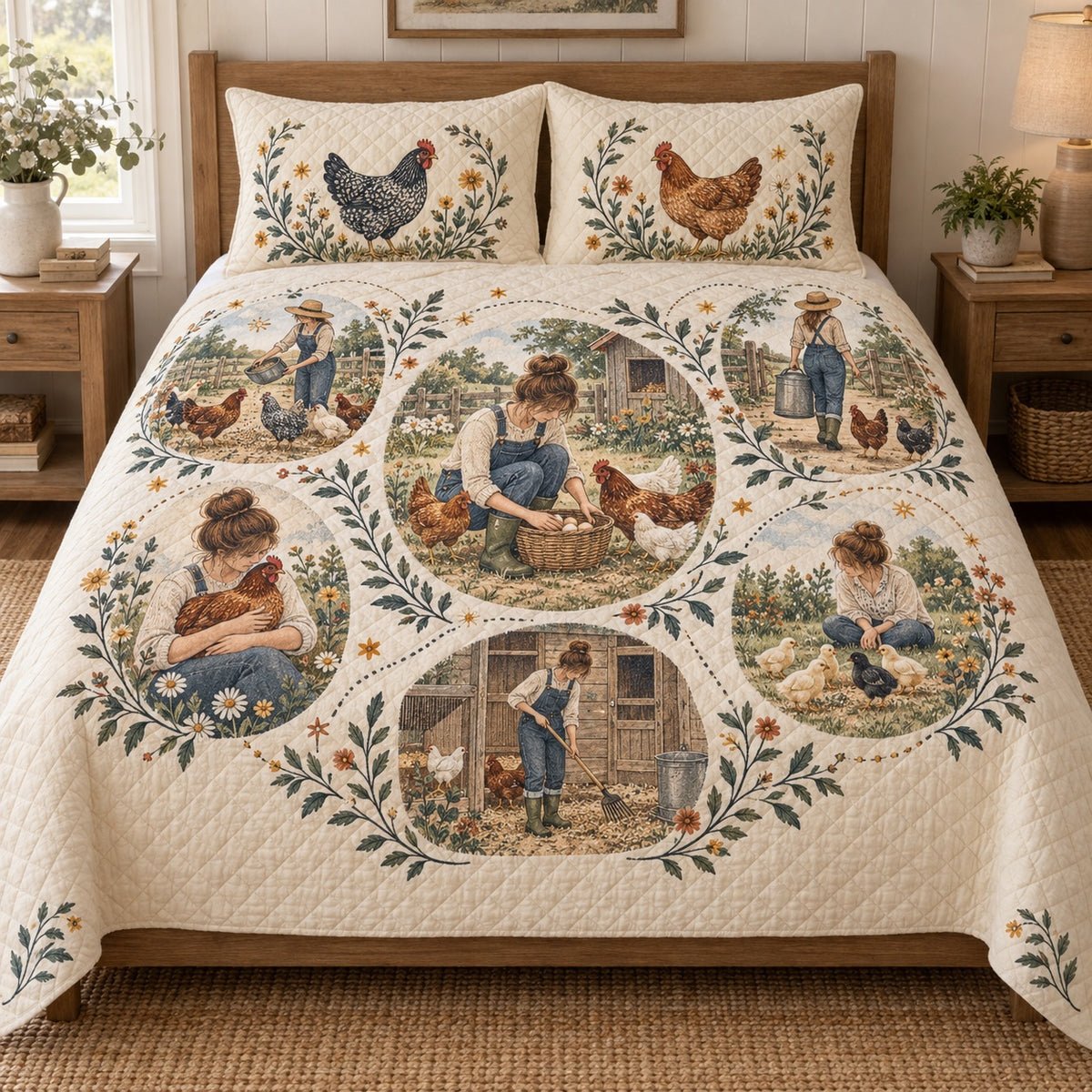 Chicken Keeper Daily Life Storyboard Quilt Set, front Hen bedroom view