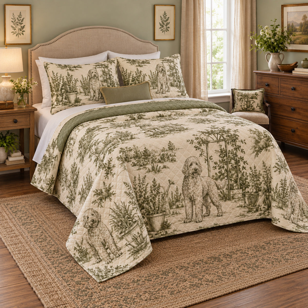 Herb Garden Toile Goldendoodle Country Toile Quilt Set, angled goldendoodle country toile bedroom view