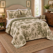 Herb Garden Toile Goldendoodle Country Toile Quilt Set, angled goldendoodle country toile bedroom view