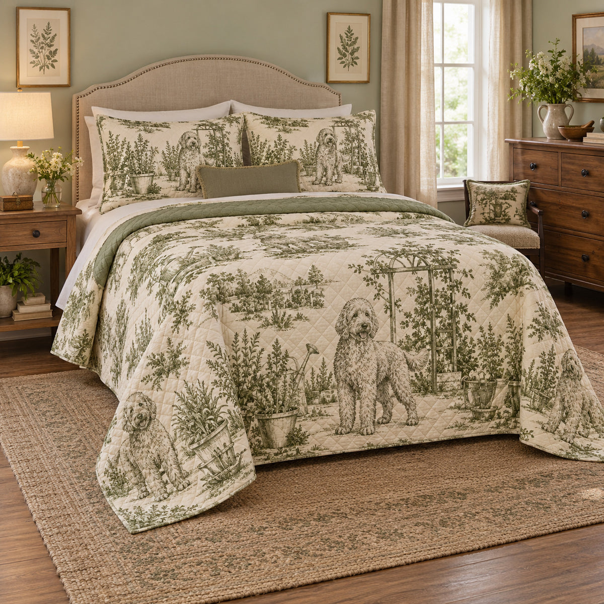 Herb Garden Toile Goldendoodle Country Toile Quilt Set