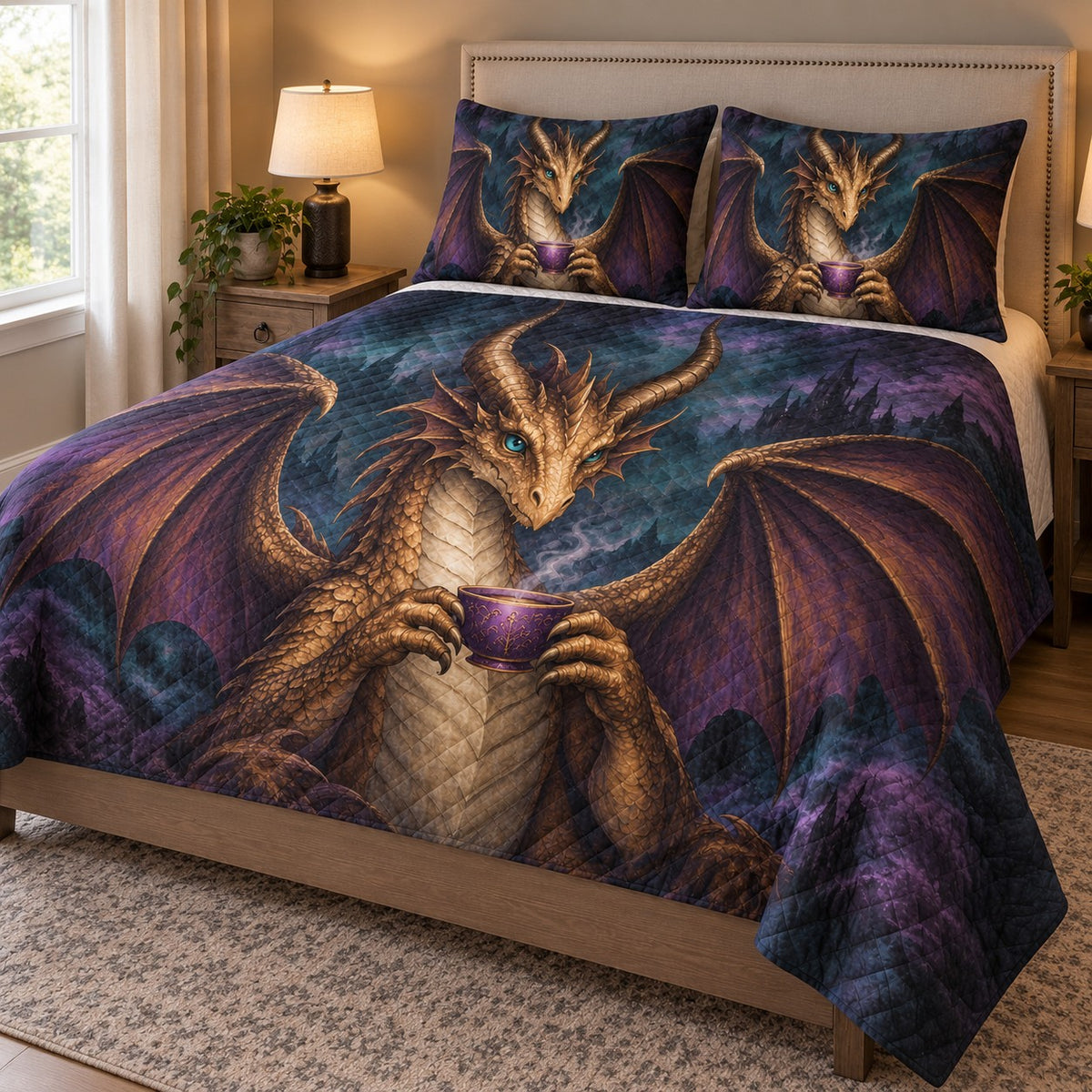 Fantasy Dragon Tea Cup Quilt Set: angled bedroom view showing the quilt artwork and coordinating shams