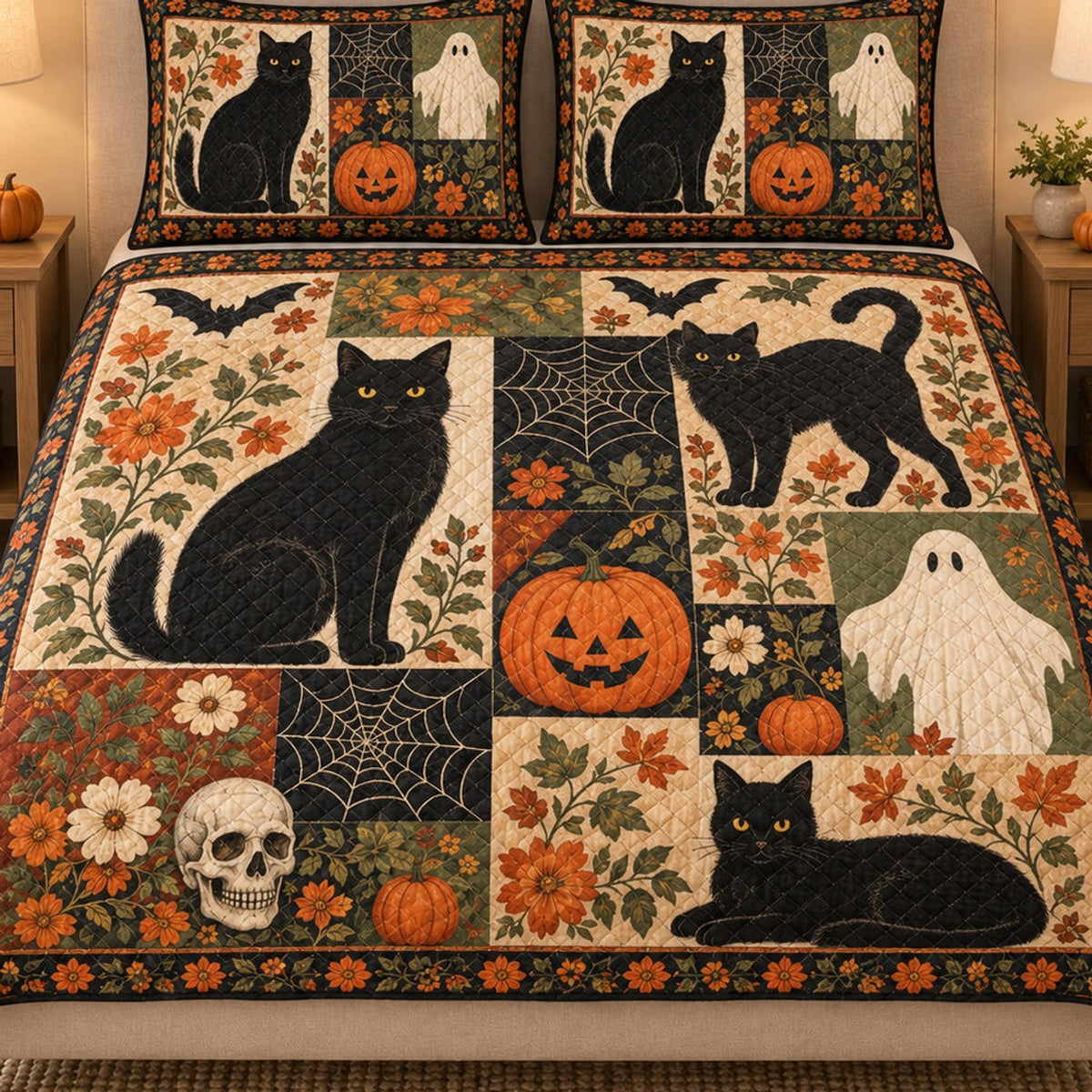 Close view of the Halloween Black Cat Ghost quilt artwork and two matching shams