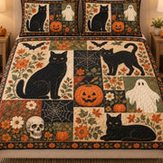 Close view of the Halloween Black Cat Ghost quilt artwork and two matching shams