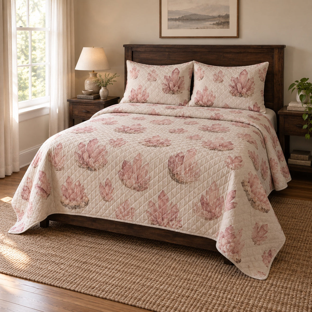 Rose Quartz Mineral Collecting Quilt Set, angled mineral collecting bedroom view