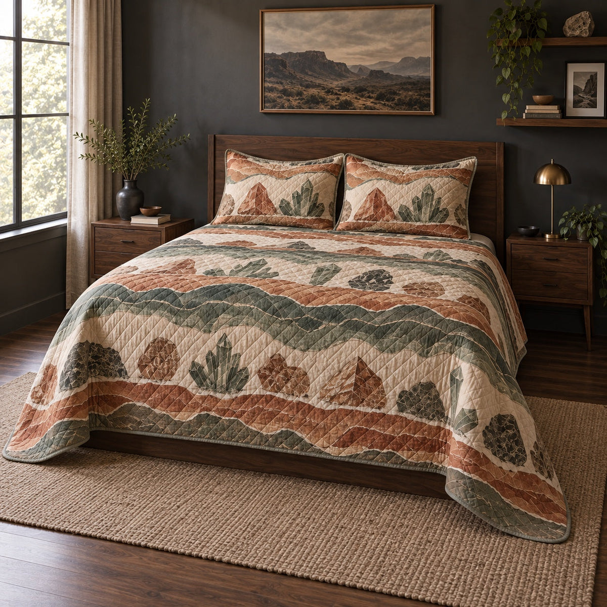 Earth Layers Mineral Collecting Quilt Set, angled mineral collecting bedroom view
