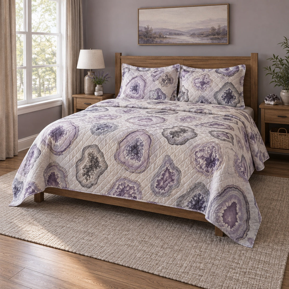 Geode Garden Mineral Collecting Quilt Set, angled mineral collecting bedroom view