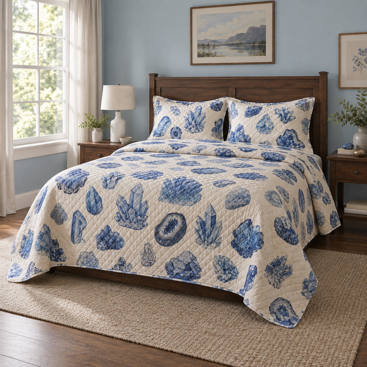 Blue Specimens Mineral Collecting Quilt Set, angled mineral collecting bedroom view